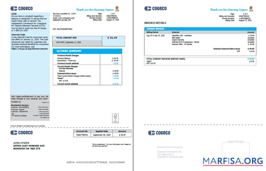 Blank Canada Cogeco utility bill template in Word and PDF formats, 2 pages